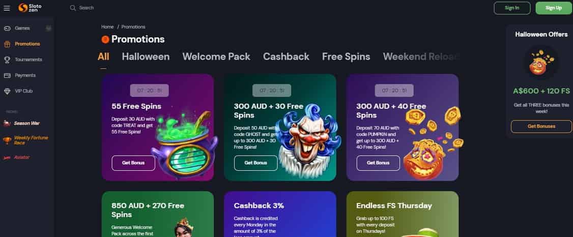 Bonuses in online casino Slotozen